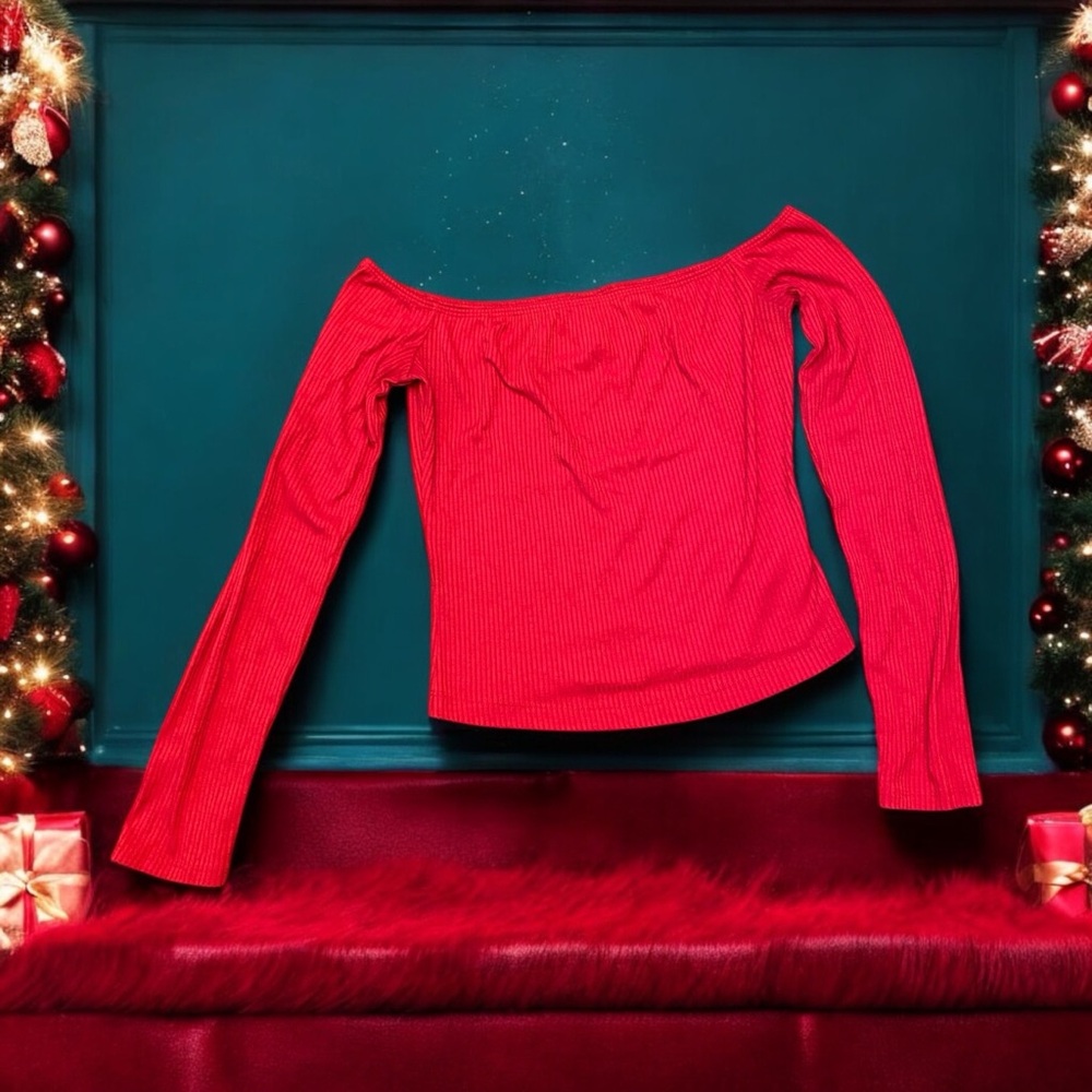 Title: Mossimo Supply Co Red Ribbed Off The Shoulder Long Sleeve Top Size XS